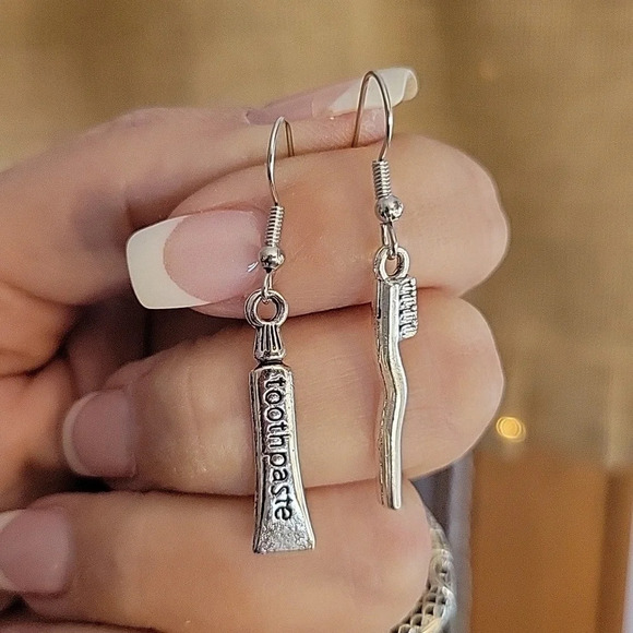 Toothbrush Toothpaste Charm Drop Earrings - Picture 1 of 6